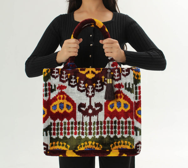 Colorful Bukhara Velvet Ikat Tote Bag - Premium Ikat Handbag, Uzbek Ikat Shoulder Bag, Women's Silk Velvet Shopping Bag, Uzbek Boho Bag