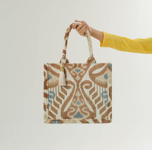 Brown and Blue Bukhara Velvet Ikat Tote Bag - Boho Chic Ikat Handbag, Pure Silk Ikat Shopping Bag, Women's Silk Shoulder Bag, Silk Purse