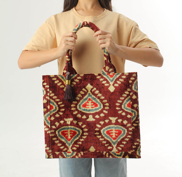 Red and Gold Bukhara Velvet Ikat Tote Bag - Artisan Ikat Handbag, Women's Silk Shopping Bag, Silk Ikat Purse, Shoulder Bag, Boho Handbag