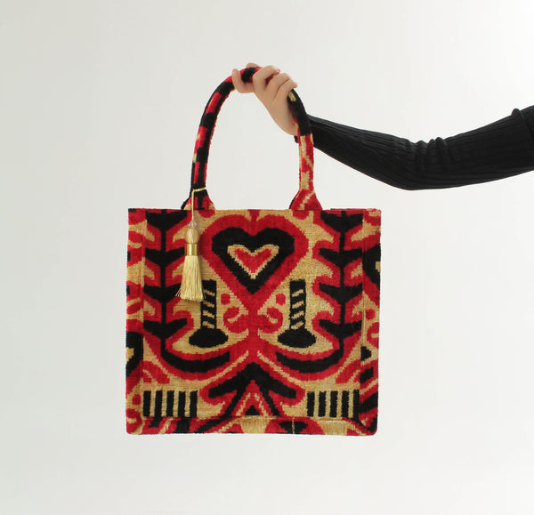 Red and Gold Bukhara Velvet Ikat Tote Bag - Organic Ikat Handbag, Women's Velvet Ikat Shoulder Bag, Silk Shopping Bag, Ikat Purse, Boho Bag