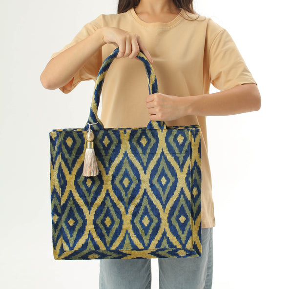 Blue and Gold Bukhara Velvet Ikat Tote Bag - Stylish Ikat Handbag, Women's Silk Velvet Shopping Bag, Ikat Velvet Purse, Boho Shoulder Bag