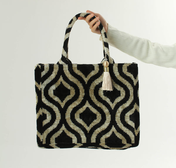 Gold and Black Bukhara Velvet Ikat Tote Bag - Luxury Ikat Handbag, Silk Shoulder Bag, Women's Ikat Shopping Bag, Ikat Hand Purse, Boho Bag