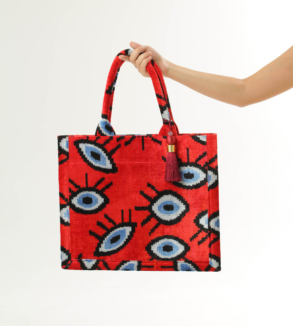 Red Bukhara Velvet Ikat Tote Bag - Uzbek Ikat Handbag, Silk Velvet Shoulder Bag, Women's Ikat Shopping Bag, Uzbek Silk Purse, Boho Chic Bag