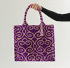 Purple and Gold Bukhara Velvet Ikat Tote Bag - Buttery Soft Ikat Handbag, Women's Silk Shopping Bag, Ikat Purse, Boho Style Shoulder Bag