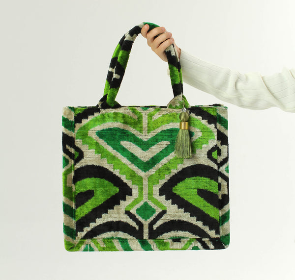 Green and Beige Bukhara Velvet Ikat Tote Bag - Eco-Friendly Ikat Handbag, Silk Shoulder Bag, Women's Ikat Purse, Boho Chic Shopping Bag