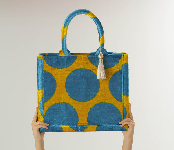 Blue and Yellow Bukhara Velvet Ikat Tote Bag - Stylish Ikat Handbag, Women's Silk Tote, Uzbek Shoulder Bag, Velvet Shopping Bag, Boho Purse