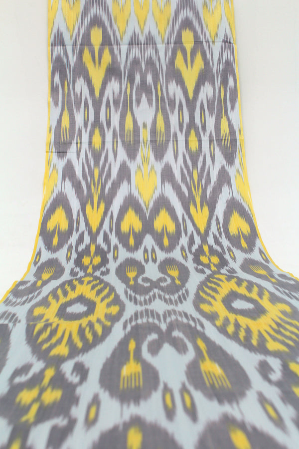 Yellow and Grey Cotton Ikat Fabric - Sustainable Ikat Cloth, Ikat Curtain Textiles, Uzbek Ikat Cotton Material, Boho Abstract Fabric Pattern