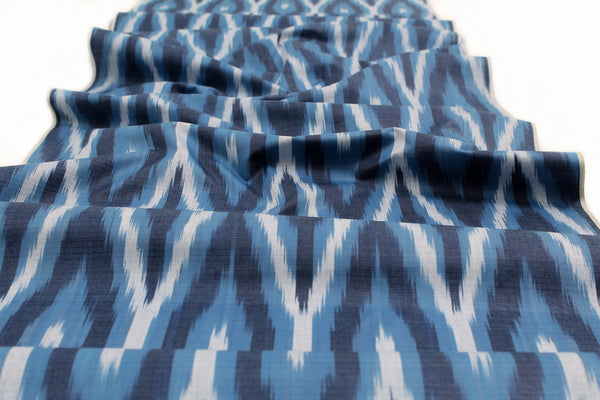 Blue and White Cotton Ikat Fabric - Versatile Pure Cotton Ikat Material, Abstract Cloth Textile, Uzbek Ikat Fabric By The Yard, Boho Ikat Upholstery