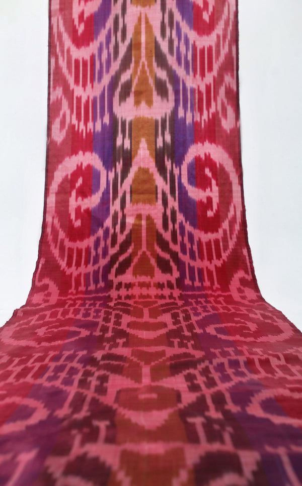 Magenta and Lavender Pure Silk Ikat Fabric - Uzbek Upholstery Ikat Fabric, Woven Ikat Textile for Curtains, Boho Upholstery and Clothing Material