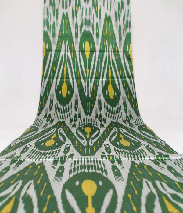 Green and Yellow Silk Ikat Fabric - Handloom Ikat Material, Ikat Silk Material, Uzbek Silk Ikat Cloth, Uzbek Ikat Textile, Abstract Fabric