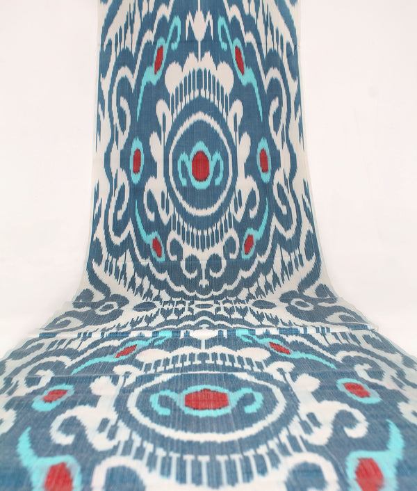 Teal and Red Silk Ikat Fabric - Traditional Ikat Textile, Uzbek Ikat Material, Ikat Fabric By The Metre, Boho Textile By The Yard