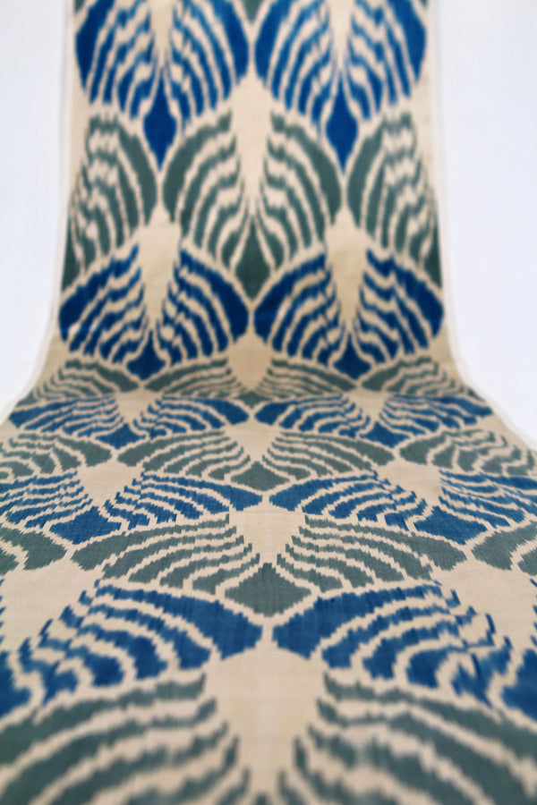 Blue and Beige Silk Ikat Fabric - Premium Ikat Curtain Fabric, Ikat Fabric Upholstery, Designer Ikat Material, Uzbek Silk Textile, Bohemian Fabric