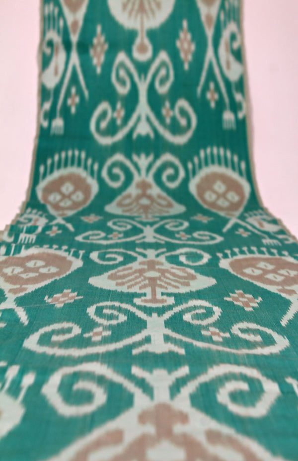 Teal and Beige Silk Ikat Fabric - Premium Ikat Fabric Pattern, Ikat Bokhara Material, Uzbek Silk Ikat Fabric, Boho Abstract Upholstery Textile