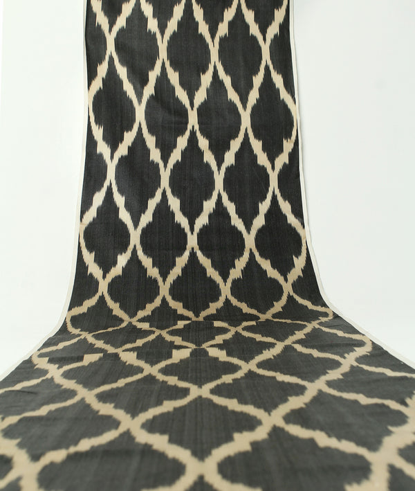 Black and Beige Silk Ikat Fabric - Luxury Ikat Curtain Material, Uzbek Ikat Fabric Upholstery, Boho Ikat Furnishing Fabric, Boho Adras Uzbekistan