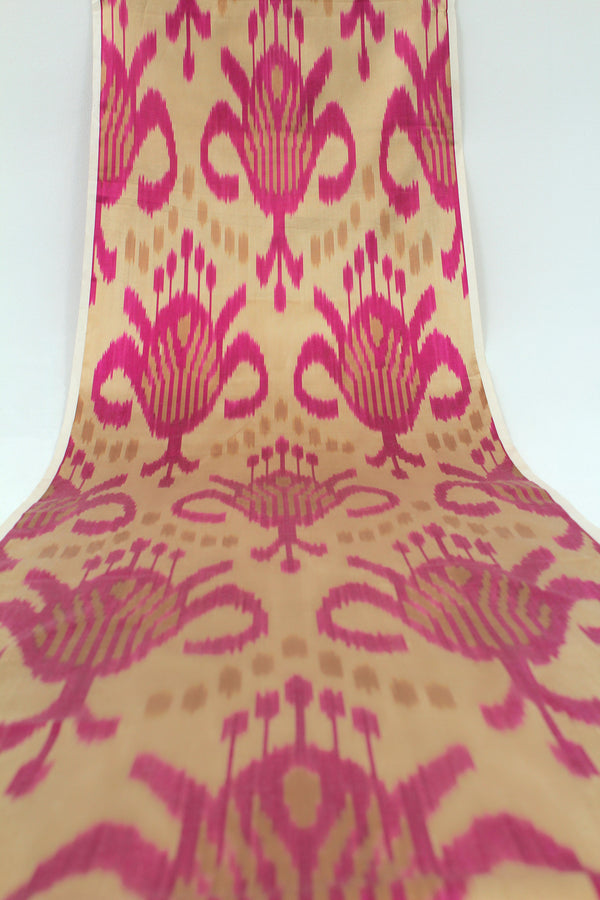 Pink and Beige Silk Ikat Fabric - Artisan Ikat Textiles, Uzbekistan Ikat Silk Material, Ikat Fabric Chair, Woven Ikat Fabric, Boho Upholstery Fabric