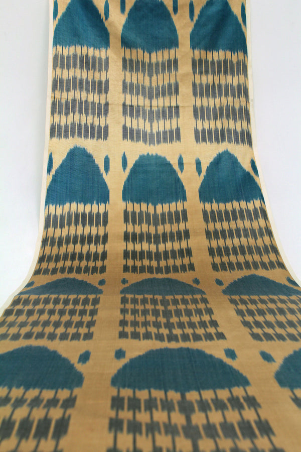 Blue and Beige Silk Ikat Fabric - Hand-Woven Ikat Fabric By The Yard, Uzbek Ikat Woven Fabric, Ikat Fabric Chair, Ikat Style Textile, Boho Material