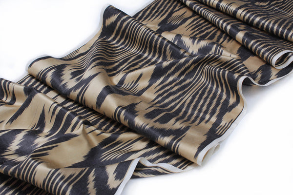 Black and Beige Silk Ikat Fabric - Handwoven Ikat Silk Material, Ikat Pattern Textile, Silk Upholstery, Boho Cloth Material, Uzbek Sofa Fabric by Yard