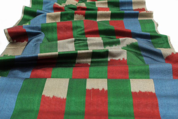 Red and Green Silk Ikat Fabric - Luxury Ikat Material by the Yard, Uzbekistan Upholstery Fabric, Warp Ikat Textile For Dressmaking, Boho Ikat Drapery