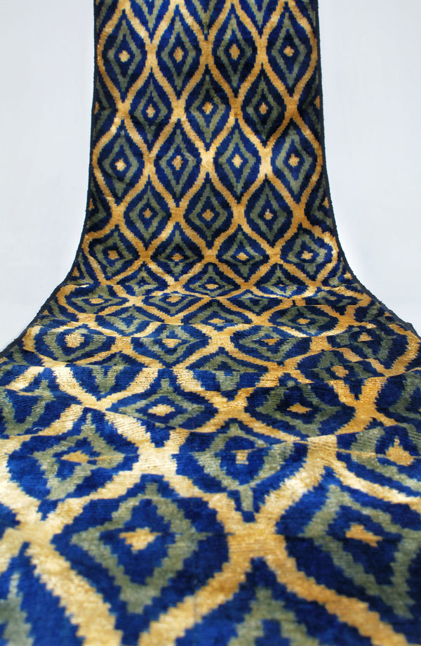 Blue and Gold Velvet Ikat Fabric - Quality Ikat Fabric Pattern, Uzbek Ikat Fabric For Dressmaking, 100 Silk Velvet Material, Boho Upholstery Textile