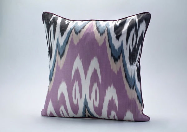 Lavender and Black Cotton Ikat Cushion - Ethical Ikat Throw Pillow Cover, Ikat Pattern Pillows, Boho Decorative Pillows, Uzbek Cushion Set