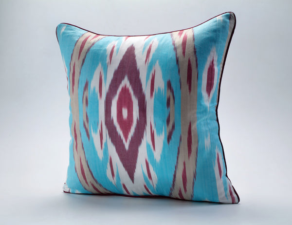 Turquoise and Maroon Cotton Ikat Cushion - Comfiest Ikat Pillow, Uzbek Ikat Pillow, Boho Ikat Throw Pillow Cover, Set Throw Pillow For Couch