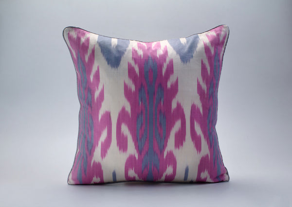 Pink and Blue Cotton Ikat Cushion - Chic Ikat Cushion Cover, Ikat Cushion Covers, Uzbek Pillows, Bohemian Couch Pillows, Uzbekistan Cushion