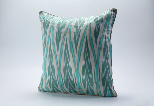 Teal and Beige Cotton Ikat Cushion - Unique Ikat Throw Pillows, Uzbek Ikat Toss Pillow, Couch Pillow Decor, Art Deco Decorative Pillows