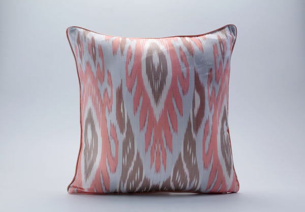 Coral and Grey Cotton Ikat Cushion - Versatile Ikat Cushion, Uzbek Ikat Throw Pillow Cover, Bohemian Decorative Pillow For Couch