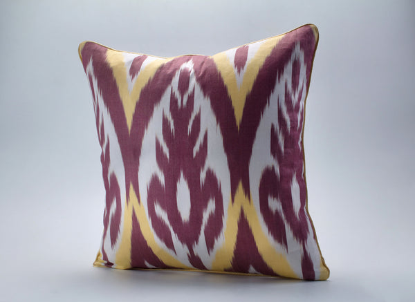 Brown and Yellow Cotton Ikat Cushion - Versatile Ikat Pillows, Boho Ikat Throw Pillow, Uzbekistan Pillows Ikat, Art Deco Accent Pillow Cases