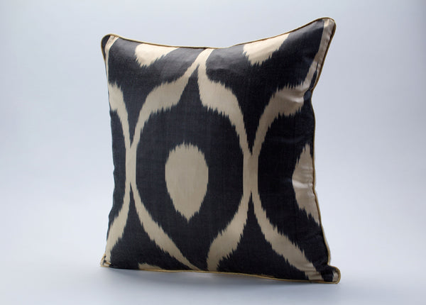 Black and Beige Silk Ikat Cushion - Artistic Ikat Sofa Pillows, Uzbek Ikat Pillow Cover, Throw Pillow Ikat, Art Deco Silk Ikat Cushions