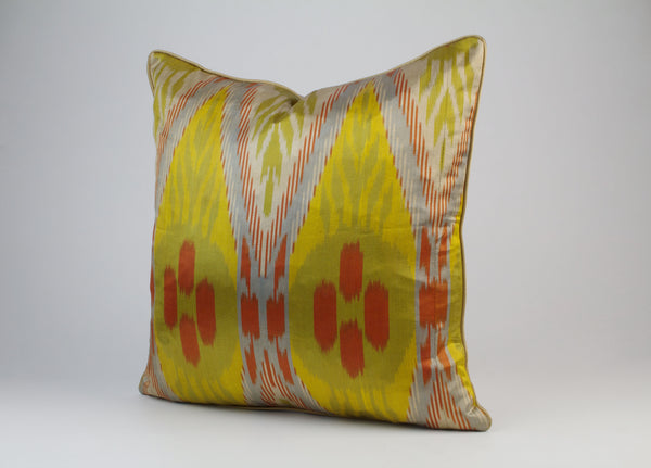 Gold and Red Silk Ikat Cushion - Authentic Ikat Pillow, Ikat Pillow Covers, Uzbekistan Sofa Throw Cushions, Boho Couch Pillows