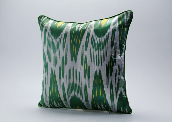 Green and Yellow Silk Ikat Cushion - Modern Ikat Pillow Cover, Decorative Ikat Sofa Toss Pillow, Silk Ikat Cushion, Art Deco Throw Pillows