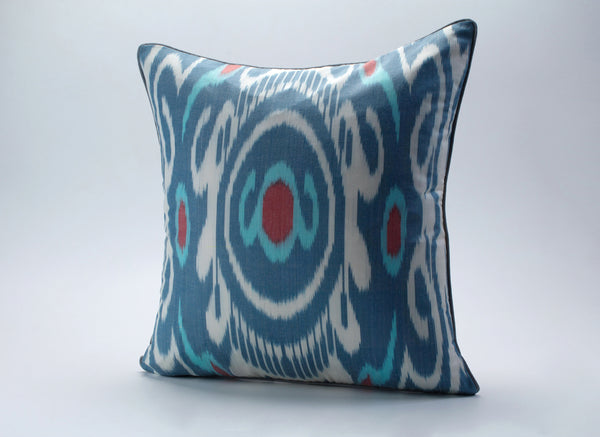 Teal and Red Silk Ikat Cushion - Eclectic Ikat Pillows, Art Deco Ikat Decorative Pillows, Uzbek Ikat Pillow Case, Ikat Throw Pillow Covers