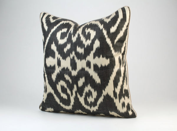 Black and Beige Silk Ikat Cushion - High Quality Silk Ikat Pillows, Decorative Ikat Throw Pillows, Uzbek Silk Pillows, Boho Couch Pillows