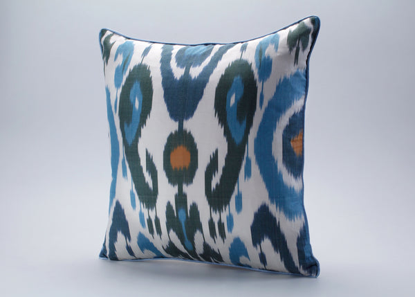 Blue and Charcoal Silk Ikat Cushion - Authentic Ikat Toss Pillow, Ikat Silk Pillow Cover, Art Deco Cushion, Bedroom Cushions And Throws