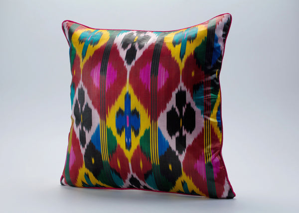 Multicolour Silk Ikat Cushion - Handloom Uzbek Ikat Decorative Pillows, Ikat Pillow Cases, Ikat Throw Pillow Covers, Boho Bed Pillow