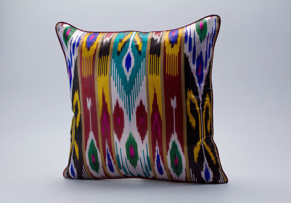 Colorful Silk Ikat Cushion - Comfy Ikat Cushions, Boho Ikat Throw Pillow, Uzbek Ikat Silk Pillow Covers, Decorative Throw Pillow Covers