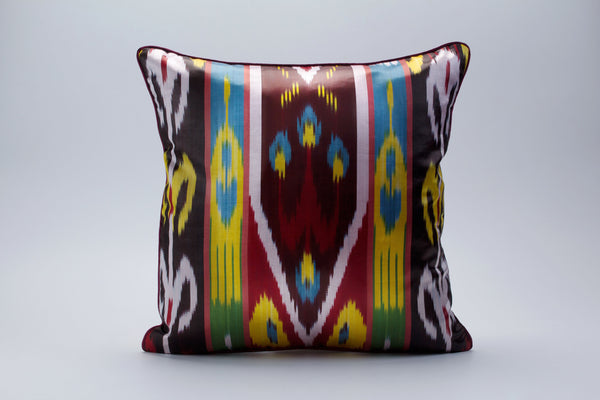 Colorful Silk Ikat Cushion - Modern Ikat Throw Pillows, Uzbek Cushion Covers, Bohemian Uzbek Pillow, Decorative Silk Pillow Case Cover