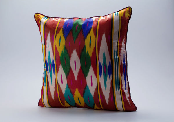 Multicolor Silk Ikat Cushion - Handloom Ikat Pillow Cover, Decorative Pillowcase for Sofa, Boho Ikat Throw Pillow, Bohemian Silk Pillow