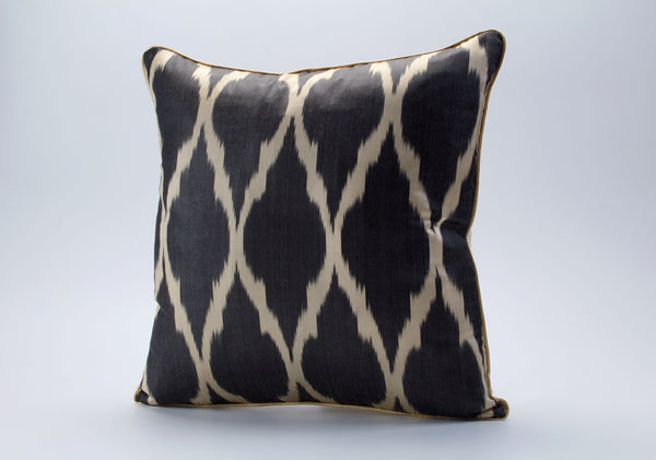 Black and Beige Silk Ikat Cushion - Eclectic Ikat Pillow Cover, Boho Chic Ikat Throw Pillow, Uzbek Ikat Pillow Case, Silk Accent Pillowcase