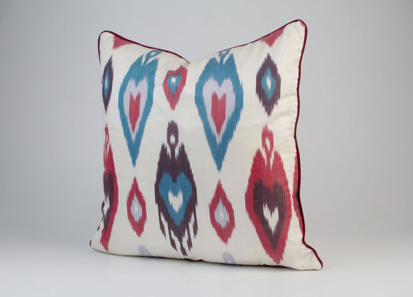 Red and Blue Silk Ikat Cushion - Stylish Ikat Cushions, Ikat Throw Pillows, Indoor Bohemian Couch Pillows, Decorative Uzbek Cushion Cover