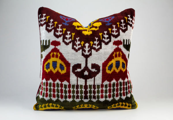 Cuscino Ikat in Velluto di Seta - Federa Ikat in Velluto Fatto a Mano, Copricuscino Realizzato con Tessuto Ikat Uzbeko Naturale e Tessuto a Mano