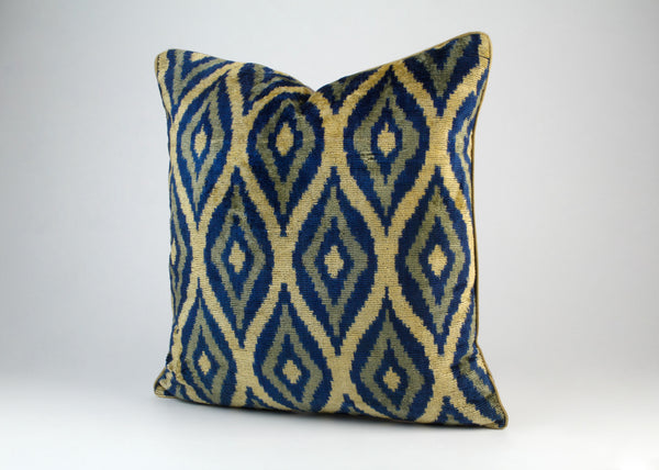 Blue and Gold Velvet Ikat Cushion - Quirky Bedroom Cushion Cover, Uzbek Boho Silk Velvet Pillows, Decorative Throw Pillow Cases