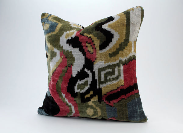 Red and Green Velvet Ikat Cushion - Eclectic Velvet Sofa Pillows, Uzbek Silk Ikat Pillows, Velvet Cushions For Bedroom, Boho Style Pillows