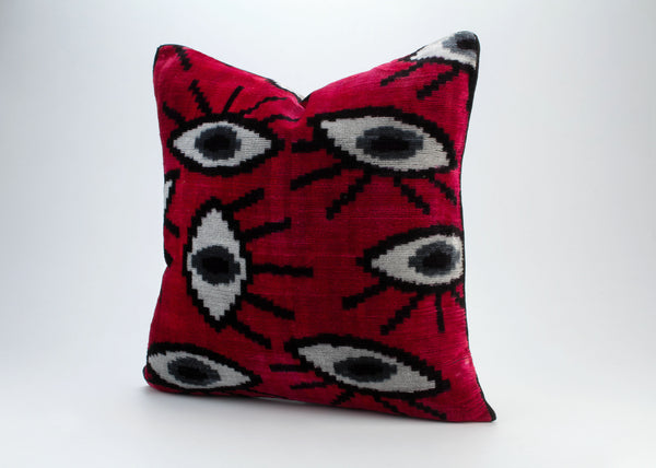 Red Velvet Ikat Cushion - Eco Friendly Velvet Throw Cushions, Ikat Silk Pillow Covers, Uzbek Silk Ikat Pillow Case, Bohemian Accent Pillows