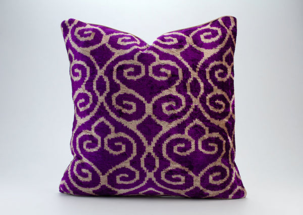 Purple and Gold Velvet Ikat Cushion - Comfiest Silk Ikat Pillows, Uzbek Cushion Velvet Cover, Boho Pillows For Couch, Decorative Gift Pillow