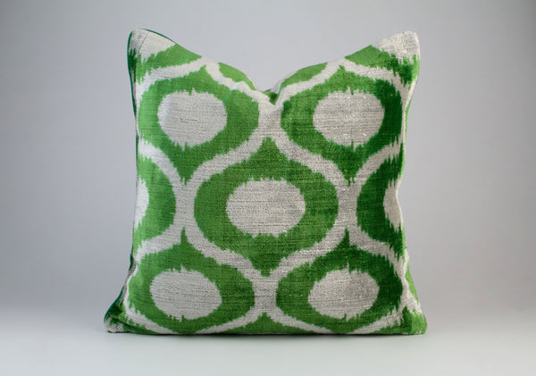 Green and Gray Velvet Ikat Cushion - Trendy Velvet Pillow Cases, Hand Dyed Silk Velvet Ikat Cushion Cover, Boho Velvet Throw Pillow Covers