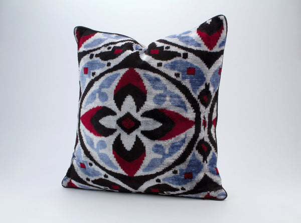 Blue and Red Velvet Ikat Cushion - Comfy Ikat Throw Pillows, Woven Silk Ikat Cushion Cover, Uzbek Silk Velvet Pillow, Art Nouveau Pillowcase