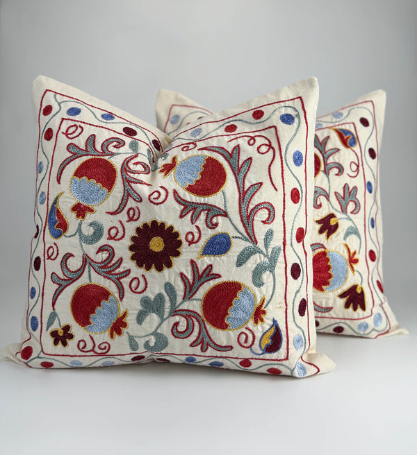Red And Green Uzbek Suzani Embroidery Cushion and Pillow Cover Bukhara - Unique Silk Suzani Pillow Cover, Turkish Rug Pillow, Uzbek Tapestry