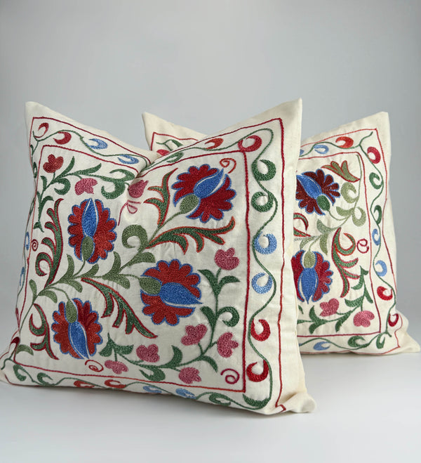Red And Green Uzbek Suzani Embroidery Cushion and Pillow Cover Bukhara - Natural Suzani Textile, Suzani Pillow, Suzani Rugs, Suzani Wall Hanging